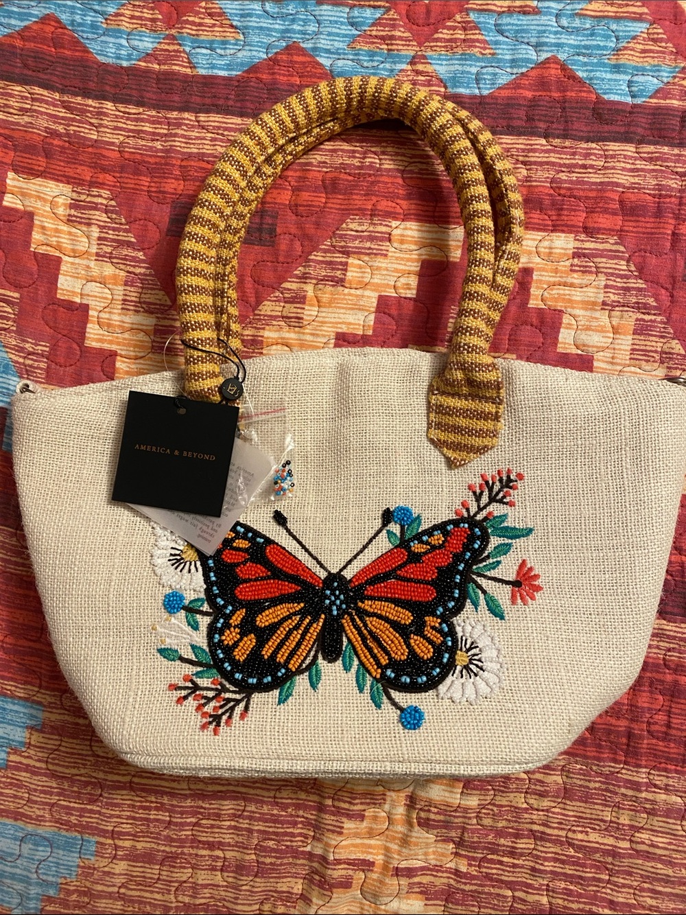 America & Beyond Natural Straw Tote with Embroidered Orange Butterfly
